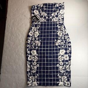 Express Navy Blue White Floral Check Strapless Bodycon Dress Sz 8 NWT